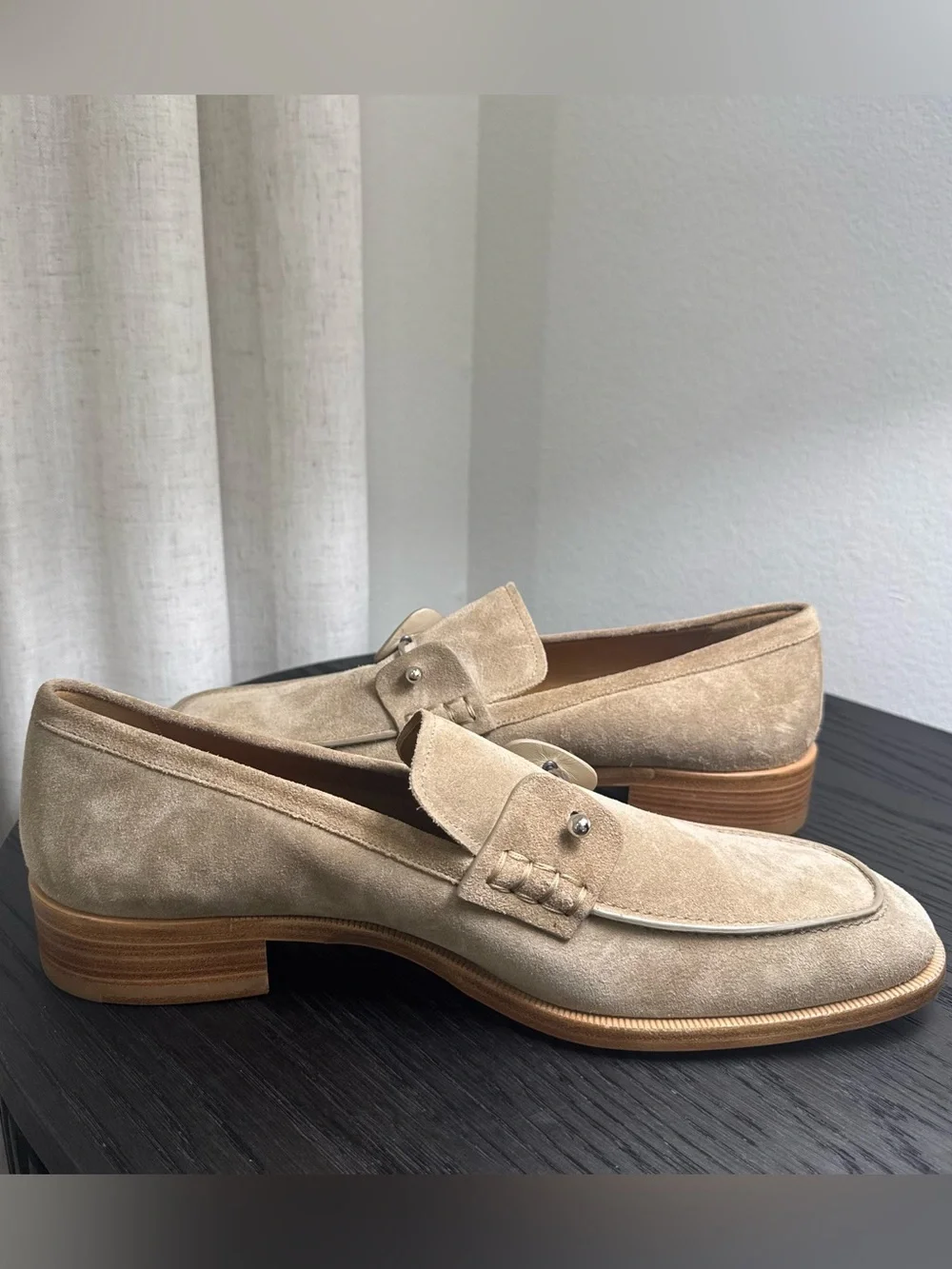 Christian Louboutin Chambelimoc Suede Loafers Dress Shoes Tan 46